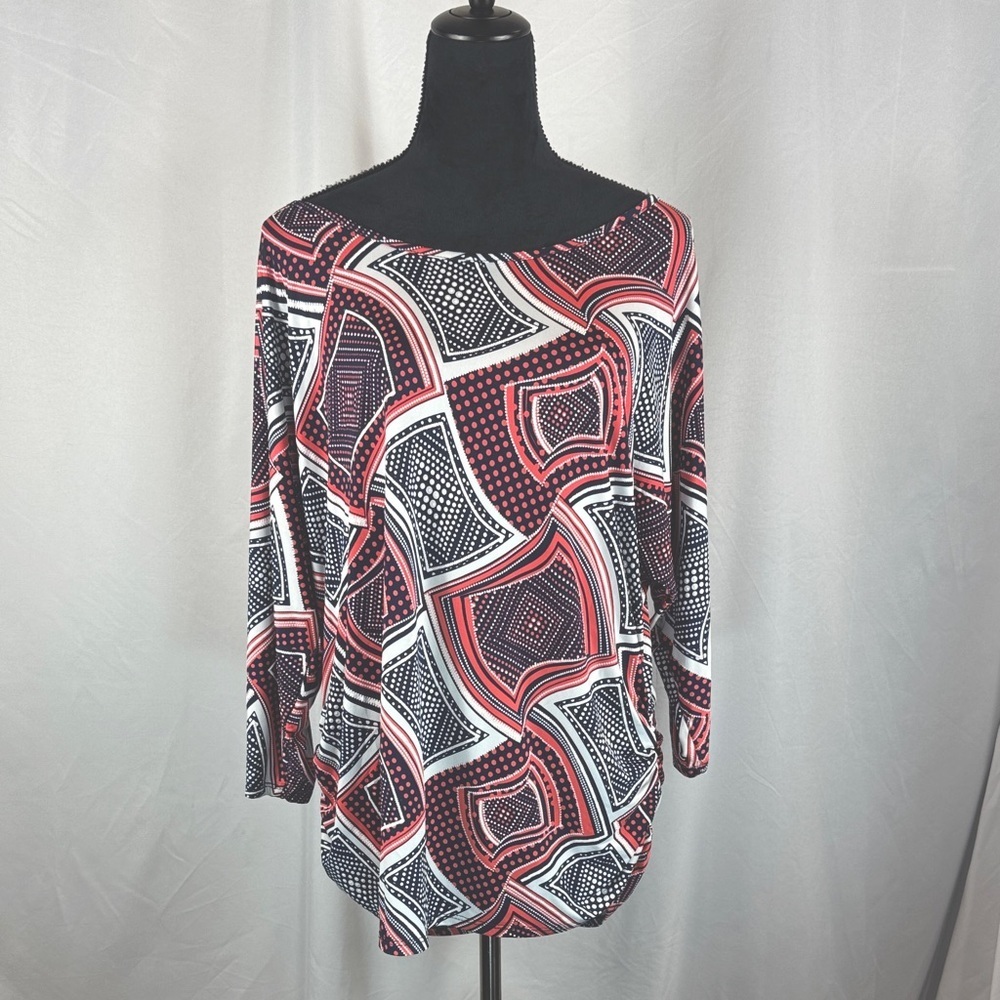 Espresso 3/4 Sleeve Abstract Boho Print Blouse with Side Ruching